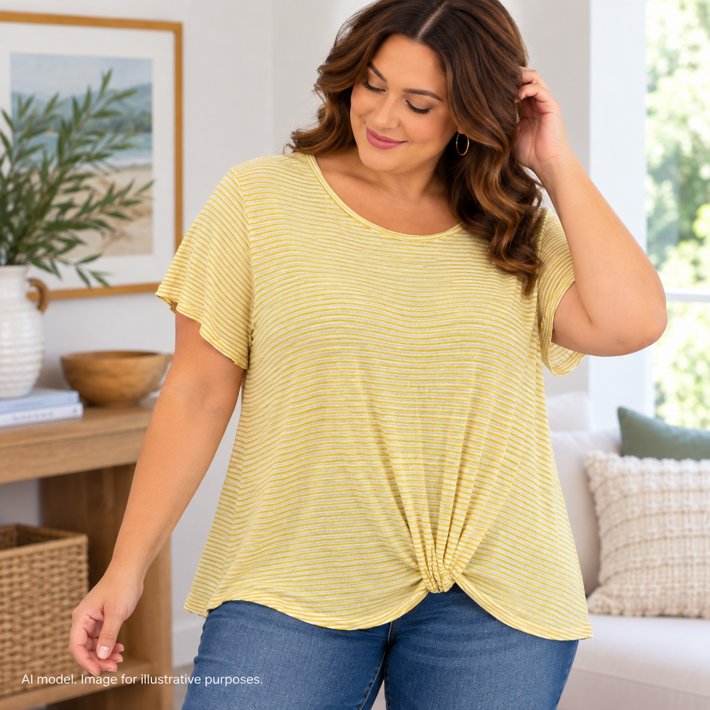 Tahari Shirt Women XL Linen Yellow Stripe Coastal Boxy bubble Hem Resort Cruise